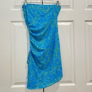 Vibrant Blue floral strapless asymmetrical dress